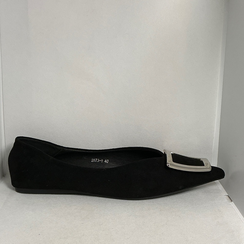 Seven Big Trees Black Suede Pointed Toe Flats Silver Buckle Size 9 - Picture 7 of 11